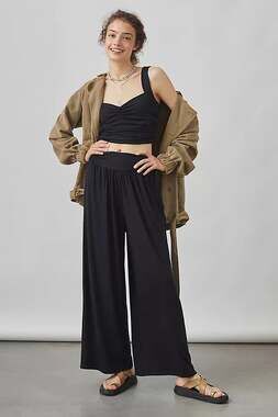 Maeve Anthropologie Women SP Wide Leg Pant Gaucho Black Stretch Pull On Everyday